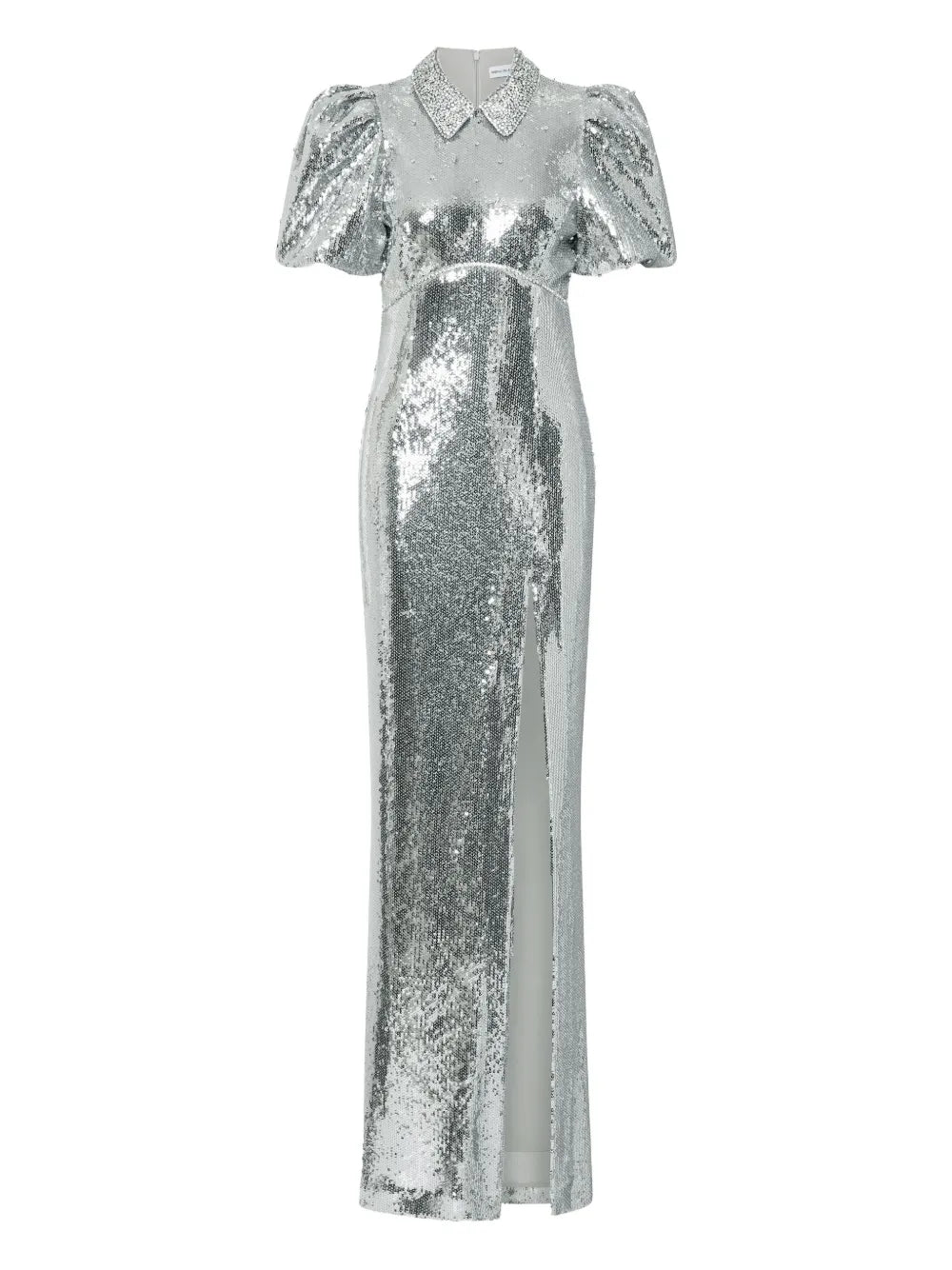 Rebecca Vallance Olympia Short Sleeve Embellished Maxi Dress — Silver — Size XS — Front View