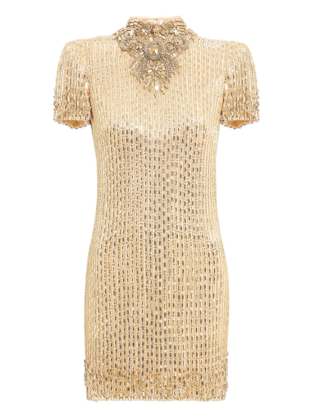 Jenny Packham Kitty Crystal Embellished Turtleneck Mini Dress — Gold — Size XS — Front View