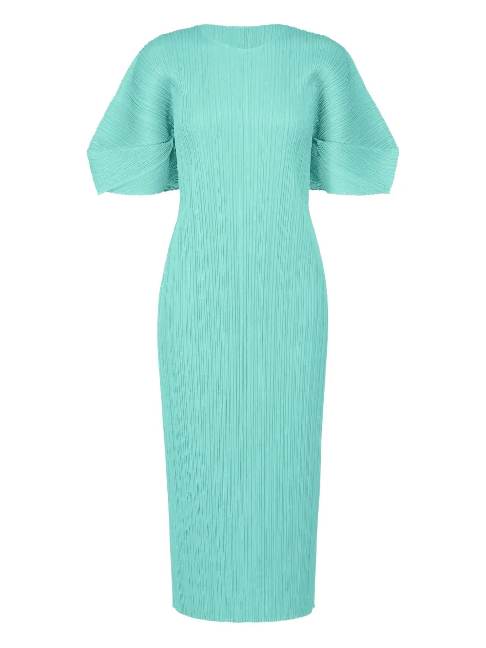 Pleats Please Issey Miyake Pleated Puff Sleeve Dress — Blue — Size M — Front View