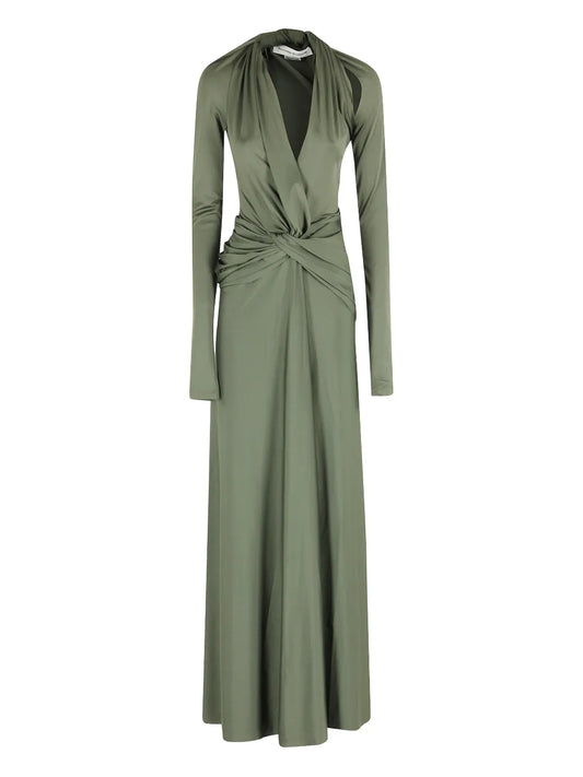 Victoria Beckham Twisted Long Sleeve Gown Dress — Green — Size XS — Front View