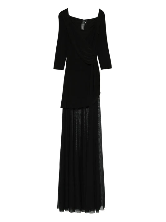 Norma Kamali Draped Design Mesh Panelled Maxi Dress — Black — Size XS — Front View