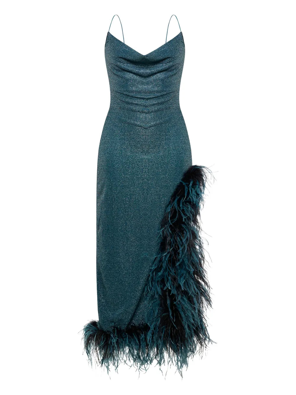 Oseree Lumiere Plumage Cowl Neck Asymmetric Dress — Blue — Size XS — Front View