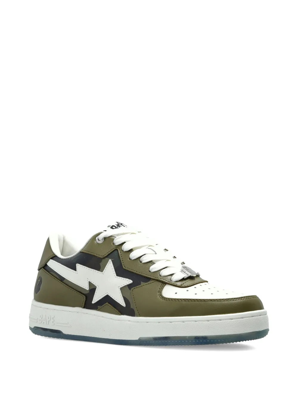 A Bathing Ape?Star-Patch Leather Sneakers — Olive Green — Size US M 4.5 - US W 6 — Side View