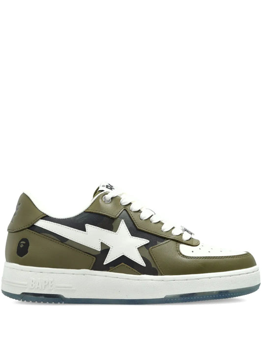 A Bathing Ape?Star-Patch Leather Sneakers — Olive Green — Size US M 4.5 - US W 6 — Front View