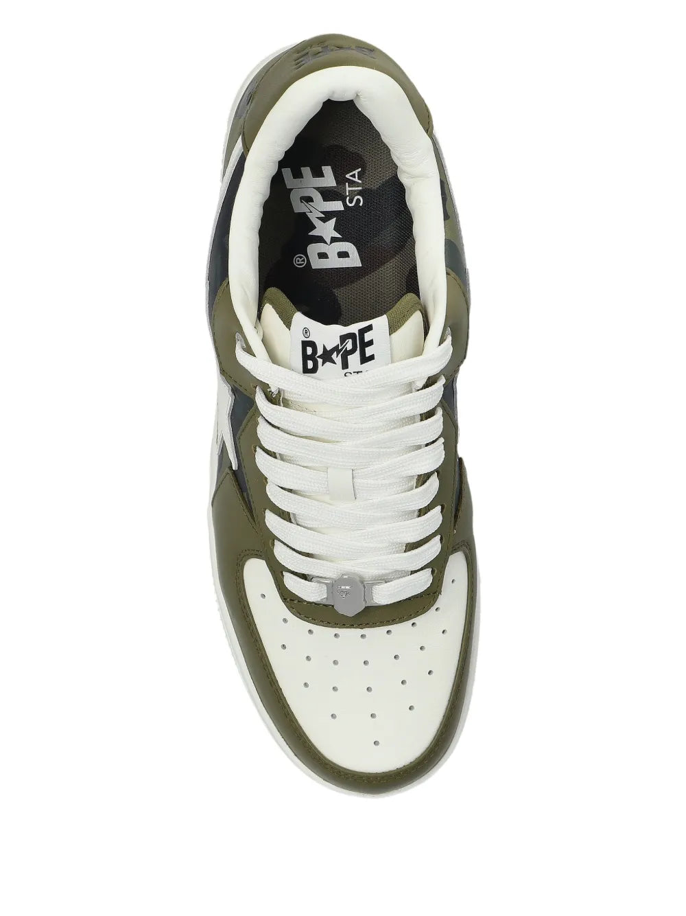 A Bathing Ape?Star-Patch Leather Sneakers — Olive Green — Size US M 4.5 - US W 6 — Back View