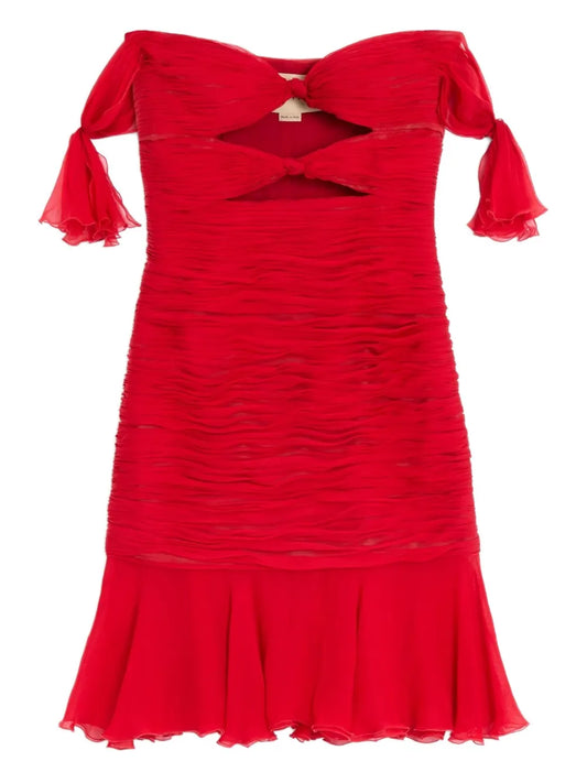 Valentino Garavani Flounce Chiffon Dress — Red — Size XS — Front View