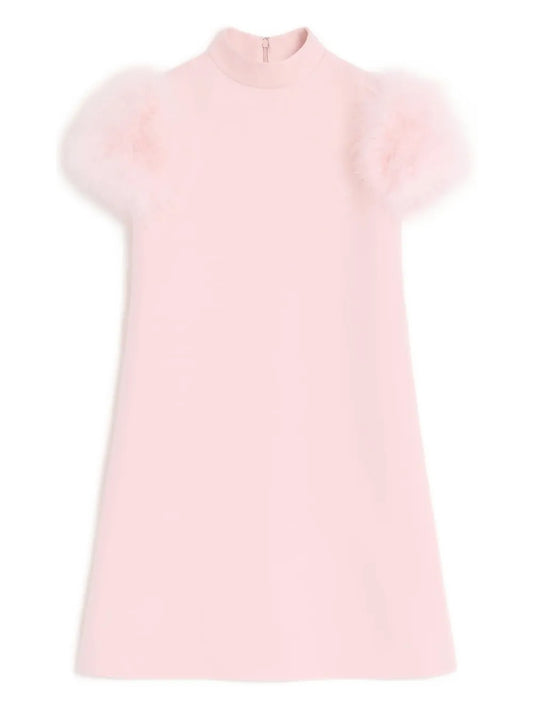 Valentino Garavani Crepe Couture Feathers Detail Mini Dress — Pink — Size XS — Front View