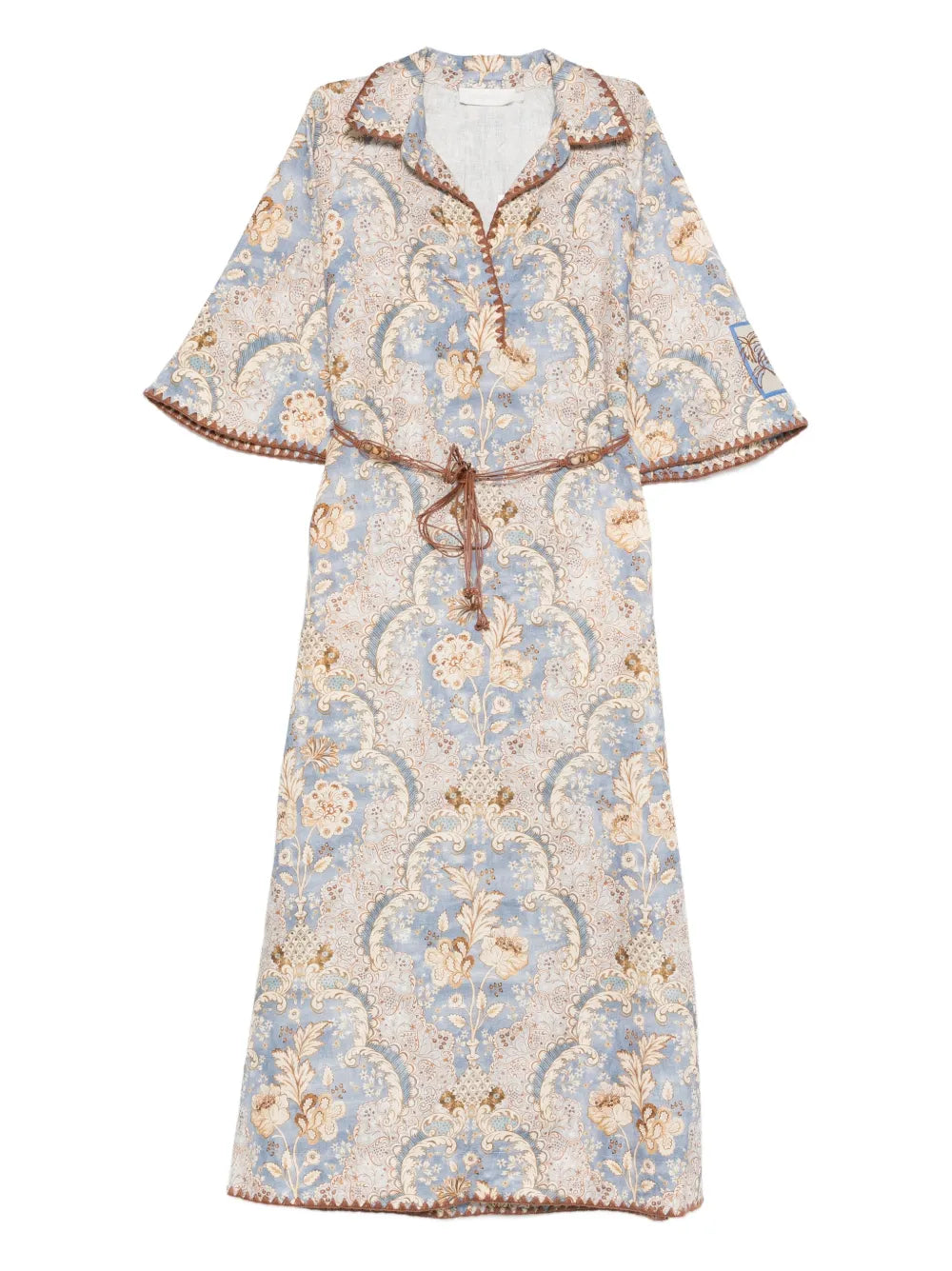 Zimmermann Daylight Print Midi Dress — Beige/ Blue — Size XXL — Front View