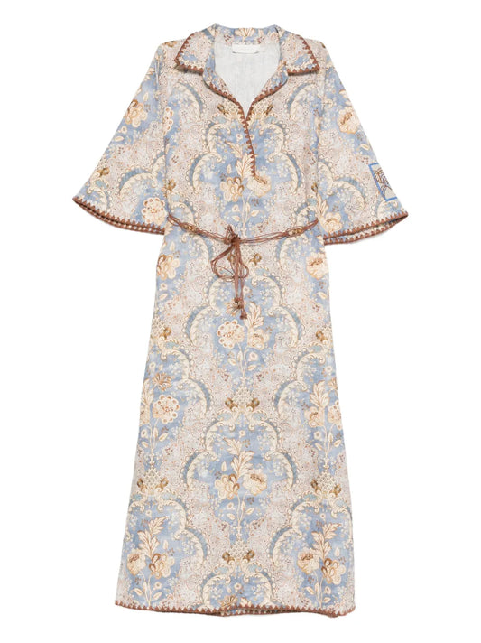 Zimmermann Daylight Print Midi Dress — Beige/ Blue — Size XXL — Front View