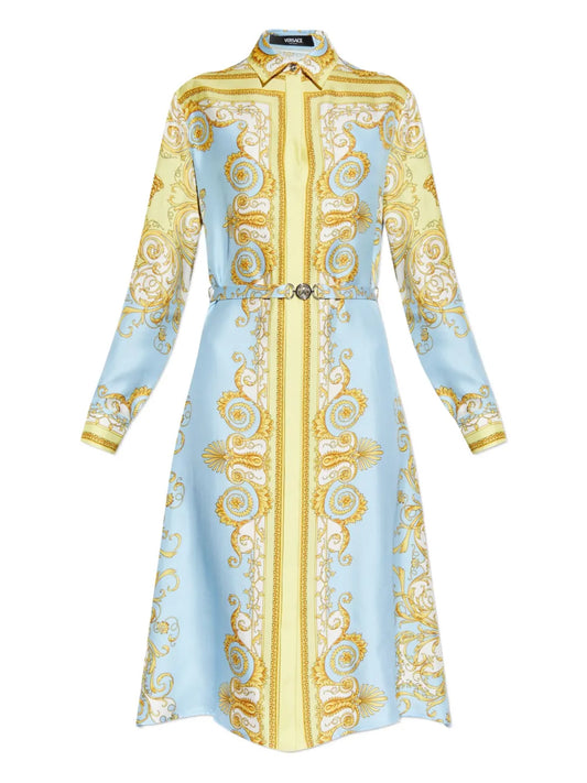 Versace Medusa Buckle Printed Midi Dress — Blue — Size XS — Front View