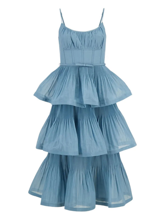 Zimmermann Pleated Tiered Midi Dress — Blue/ Red — Size XS — Front View
