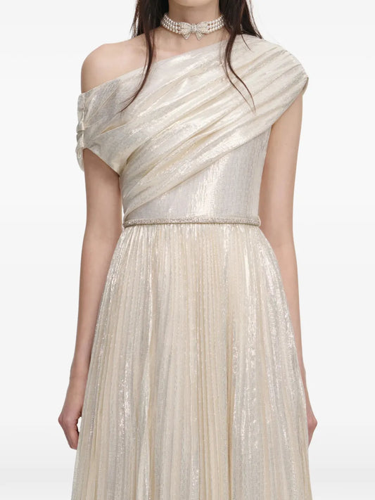 Self Portrait Pleated Maxi Dress — Beige — Size XS — Front View