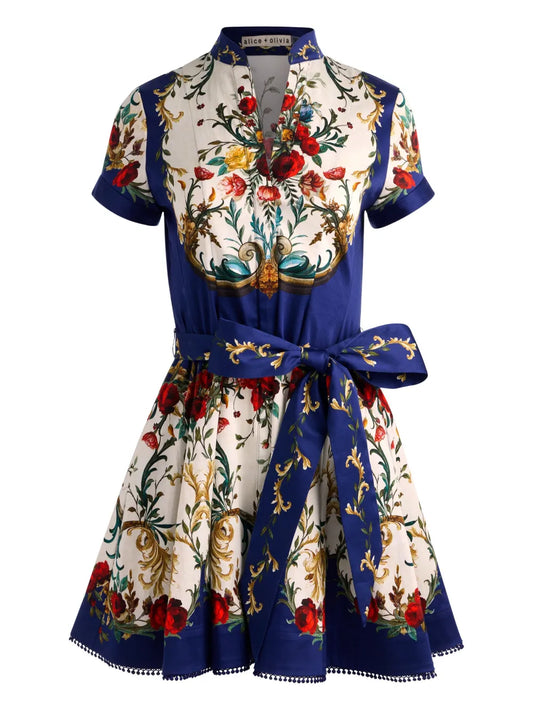 Alice Olivia Lucy Tie Belt Floral Print Mini Dress — Beige/ Blue — Size XS — Front View