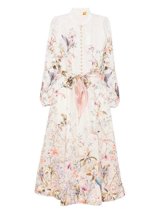 Zimmermann Rebellion Button Floral Print Midi Dress — Ivory — Size XS — Front View