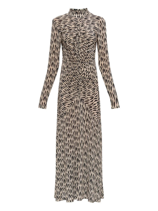 Ulla Johnson Ida Long Sleeve Ruched Turtleneck Maxi Dress — Beige/ Red — Size XS — Front View