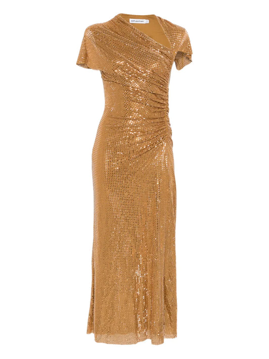 Self Portrait Rhinestoned Embellished Midi Dress — Gold — Size XS — Front View