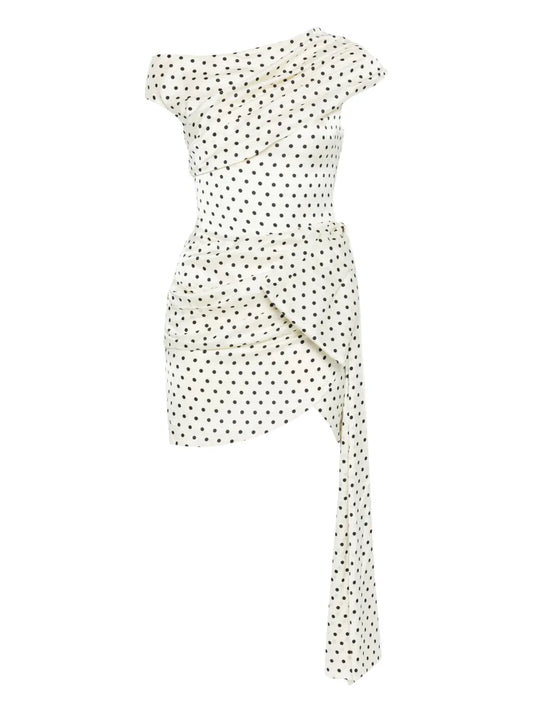 Self Portrait Polka Dot Draped Mini Dress — Cream — Size XS — Front View