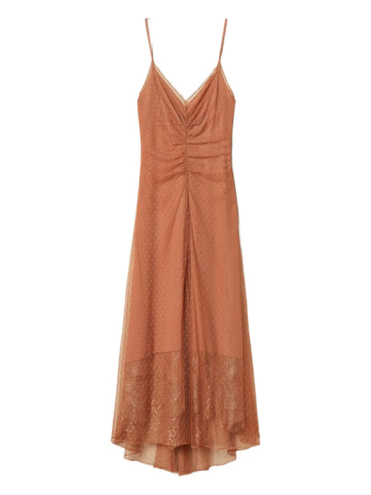 Twinset Point Desprit Maxi Dress — Brown/ Red — Size S — Front View