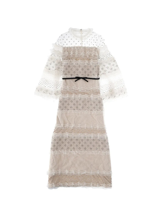 Valentino Garavani Ruffled Embellished Dress — Ivory — Size S — Front View