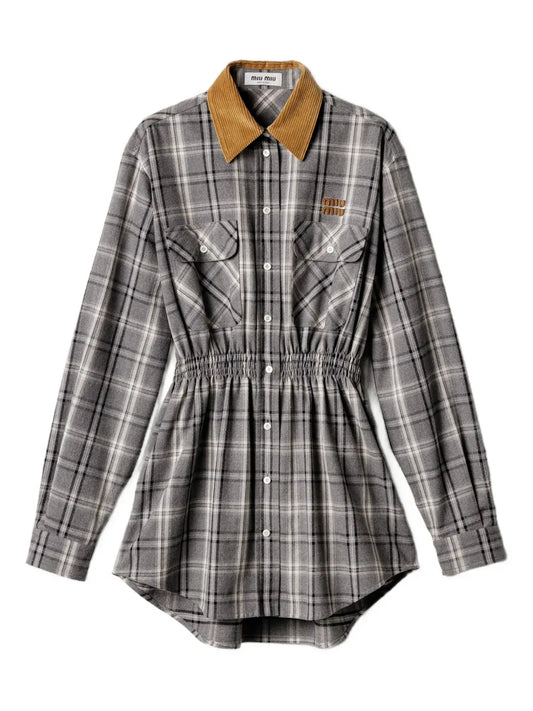 Miu Miu Buttoned Check Pattern Mini Dress — Grey — Size XS — Front View