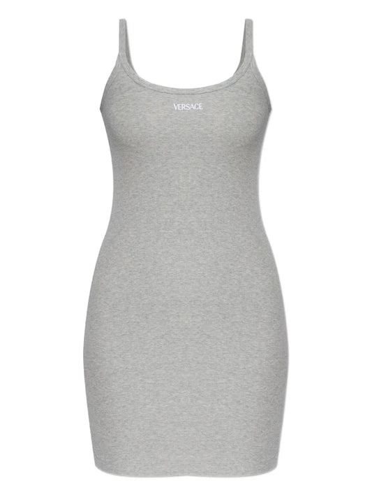 Versace Logo Ribbed Dress — Grey — Size XL — Front View