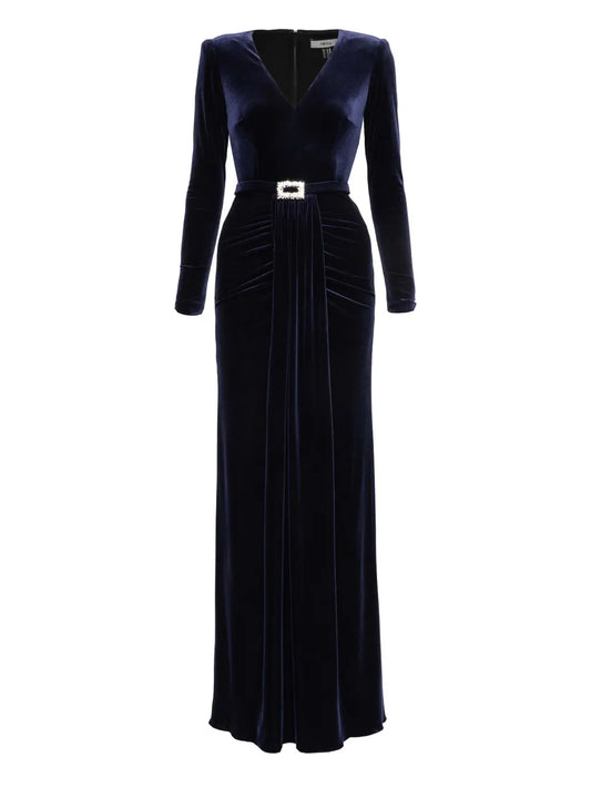 Nissa Crystal Bucket Velvet Maxi Dress — Blue/ Navy — Size S — Front View