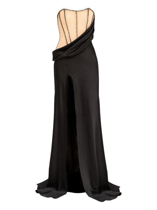 Nissa Crystal Embellished Satin Maxi Dress — Black — Size XS — Front View