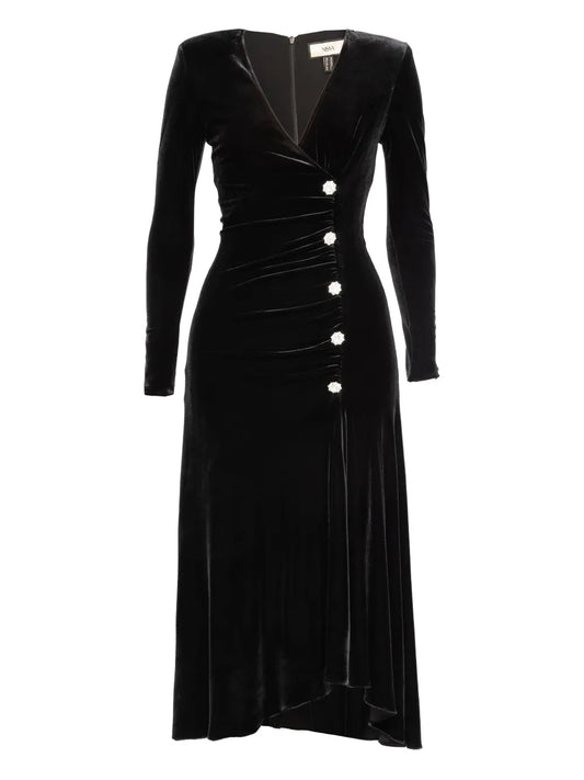 Nissa Crystal Embellished Velvet Midi Dress — Black — Size S — Front View