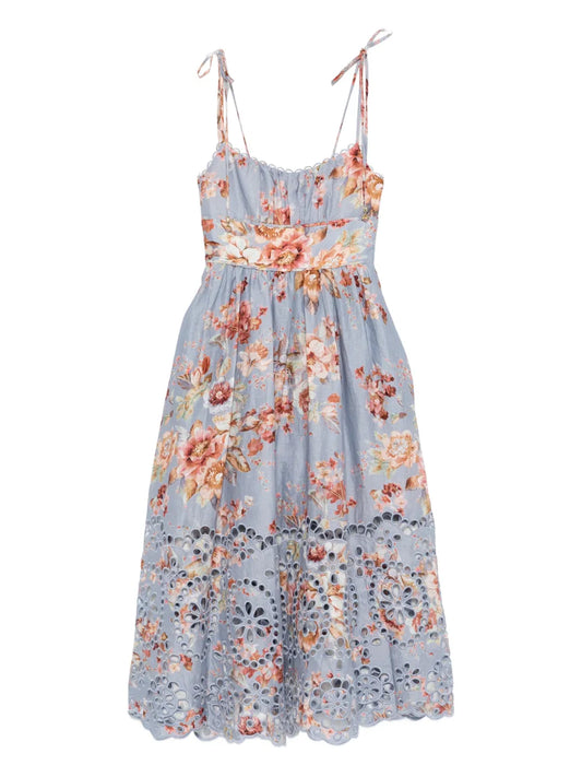 Zimmermann Awaken Picnic Floral Print Midi Dress — Blue — Size S — Front View