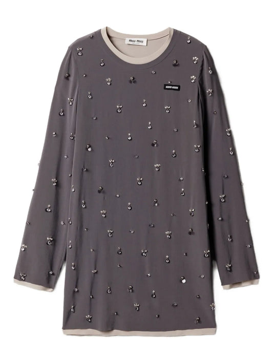 Miu Miu Embroidered Long Sleeve Mini Dress — Grey/ Red — Size XS — Front View