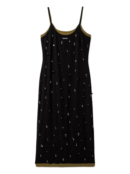 Miu Miu Embroidered Stretch Midi Dress — Black/ Red — Size XS — Front View