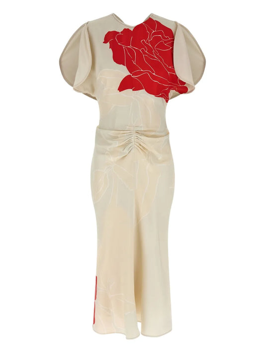 Victoria Beckham Gathered Waist Printed Midi Dress — Beige/ Red — Size XS — Front View