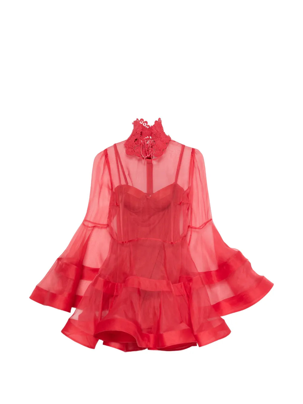Zimmermann Rebellion Lantern Lace Collar Layered Mini Dress — Red — Size XS — Front View