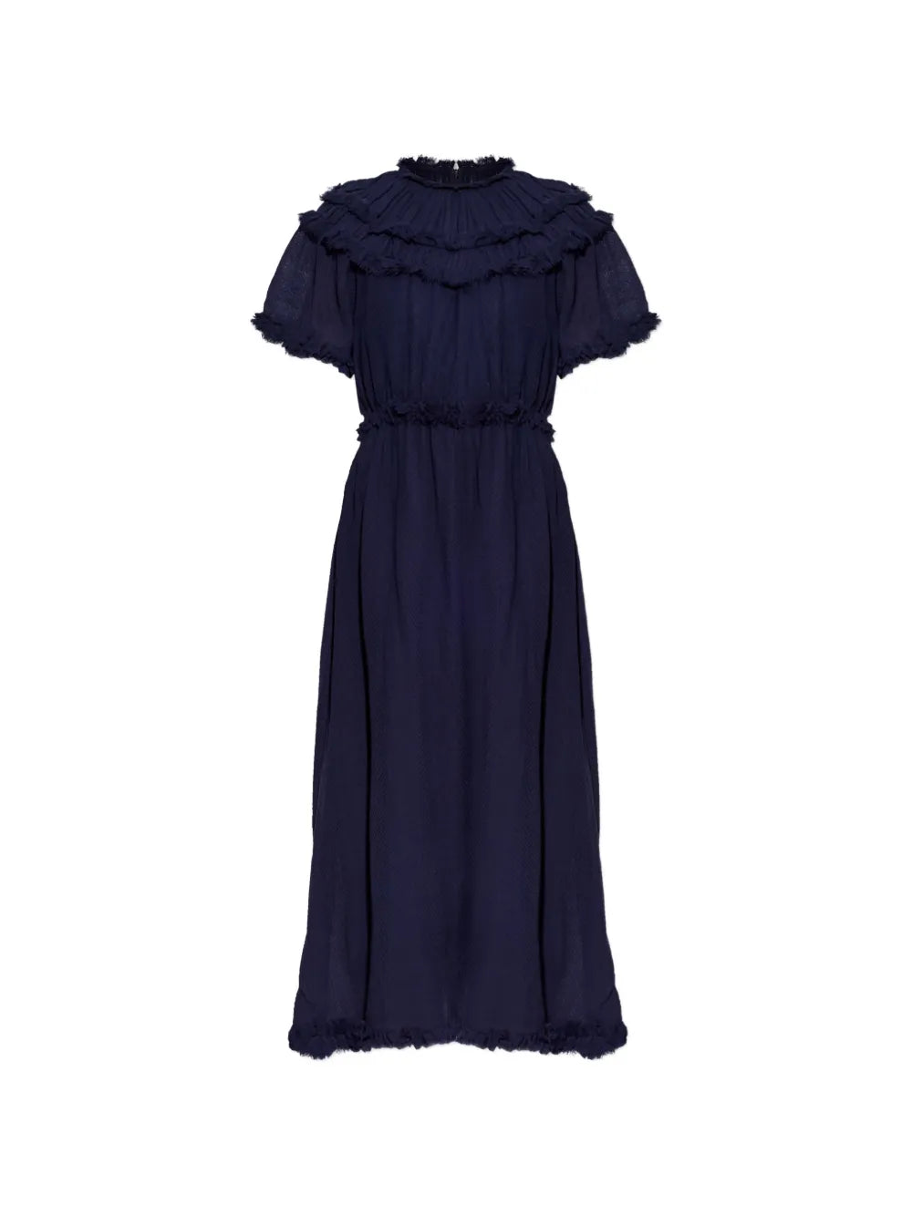 Ulla Johnson Ayan Ruffled Fringed Dress — Blue — Size S — Front View
