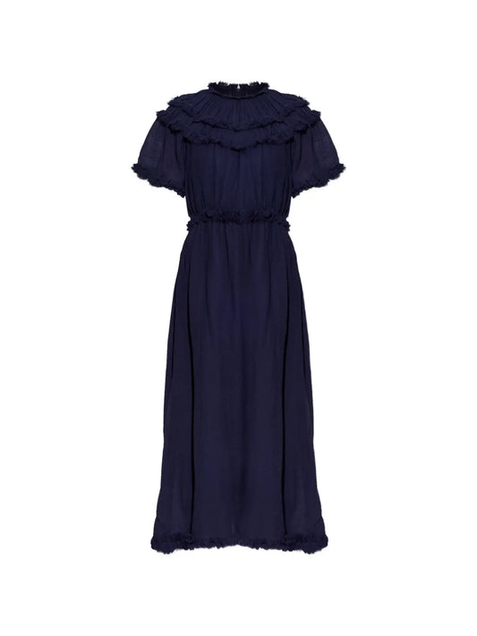 Ulla Johnson Ayan Ruffled Fringed Dress — Blue — Size S — Front View