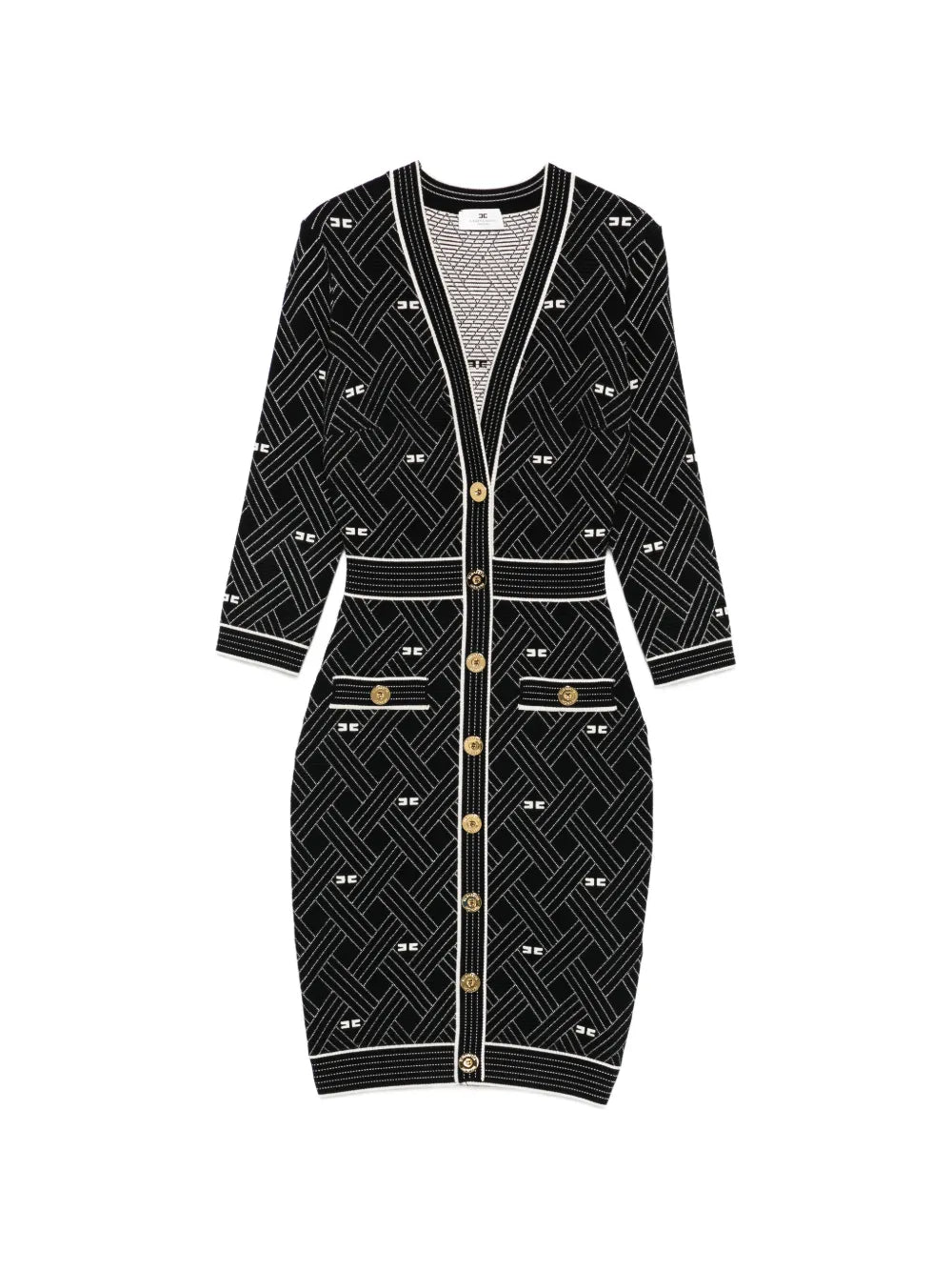 Elisabetta Franchi Button Patterned Dress — Black/ Gold — Size XS — Front View