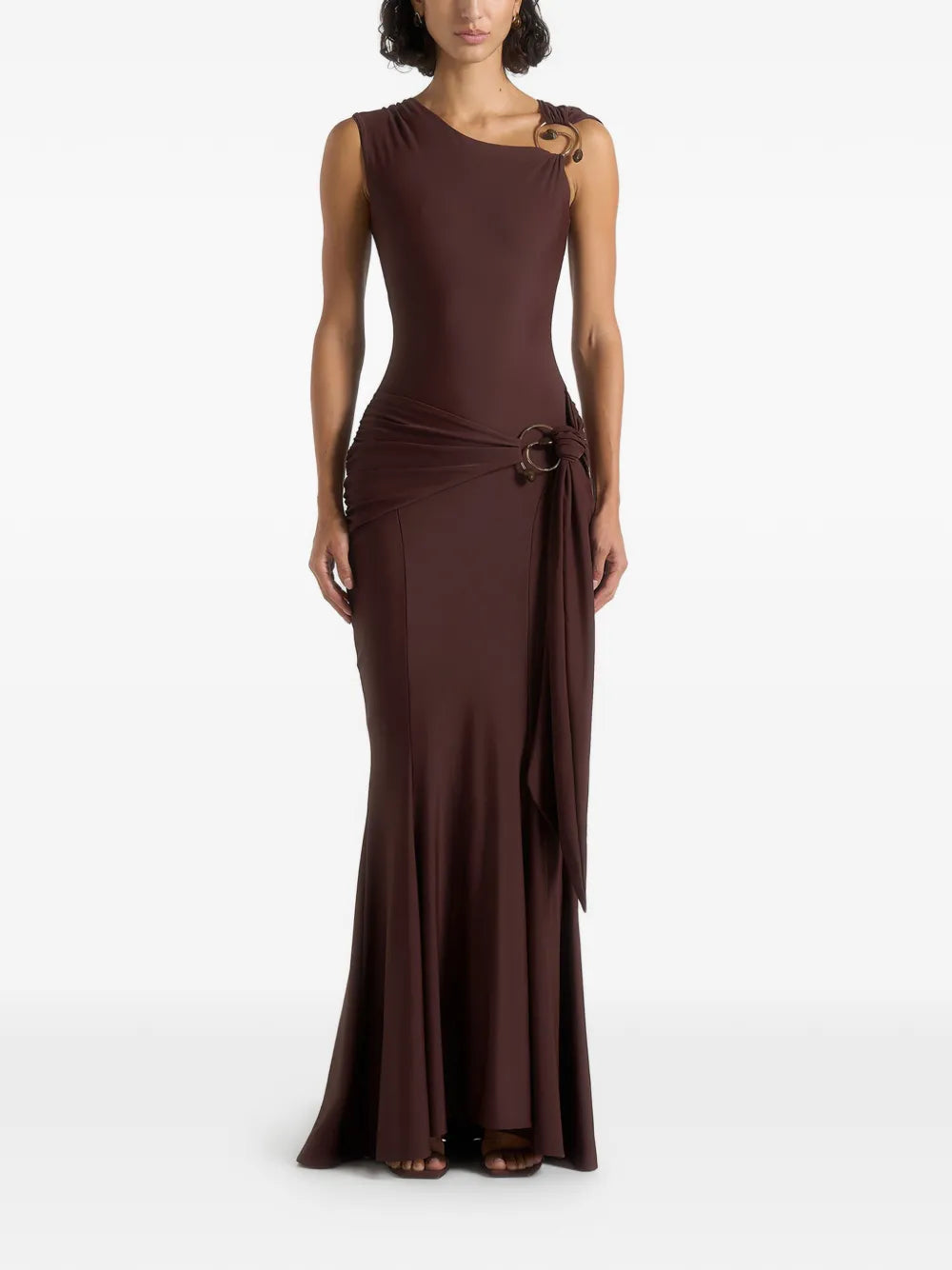 Maniere De Voir Rania Asymmetric Draped Maxi Dress — Brown/ Red/ Gold — Size XS — Front View