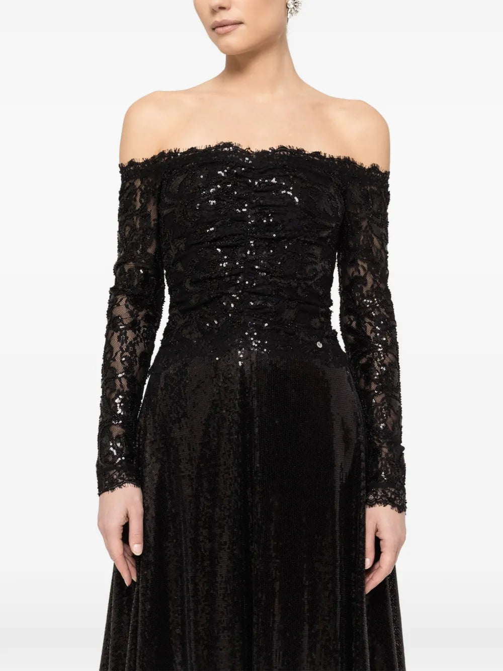 Nissa Sequin Embellishment Off Shoulder Midi Dress — Black — Size S — Front View