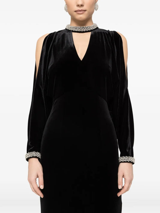 Nissa Crystal Velvet Midi Dress — Black — Size S — Front View