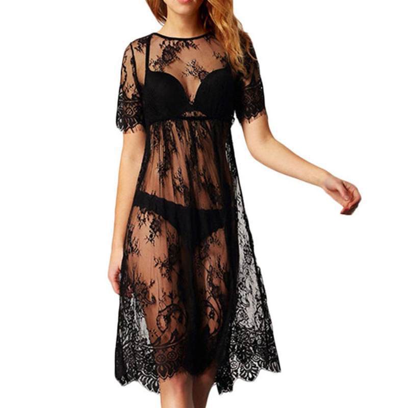 Transparent Dress Sleeve Beach Dress — Black — Size 2XL — Back View